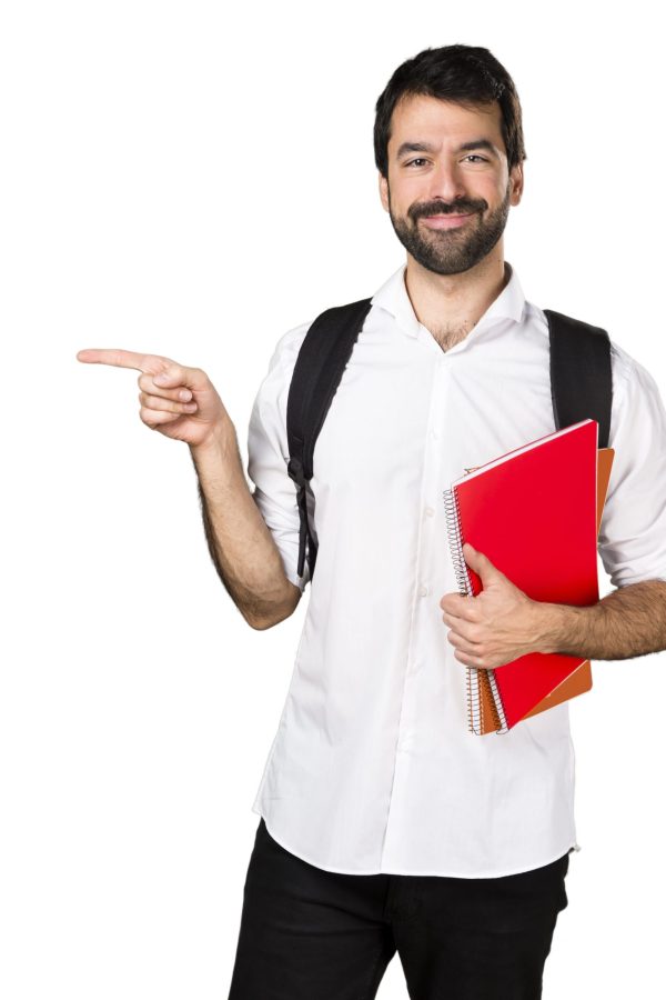 Student man pointing to the lateral